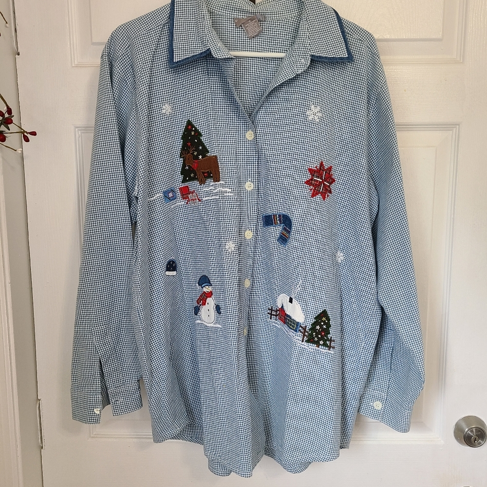Capacity Woman's Long Sleeve Winter motif Blouse, Size: 1X Color: Blue
